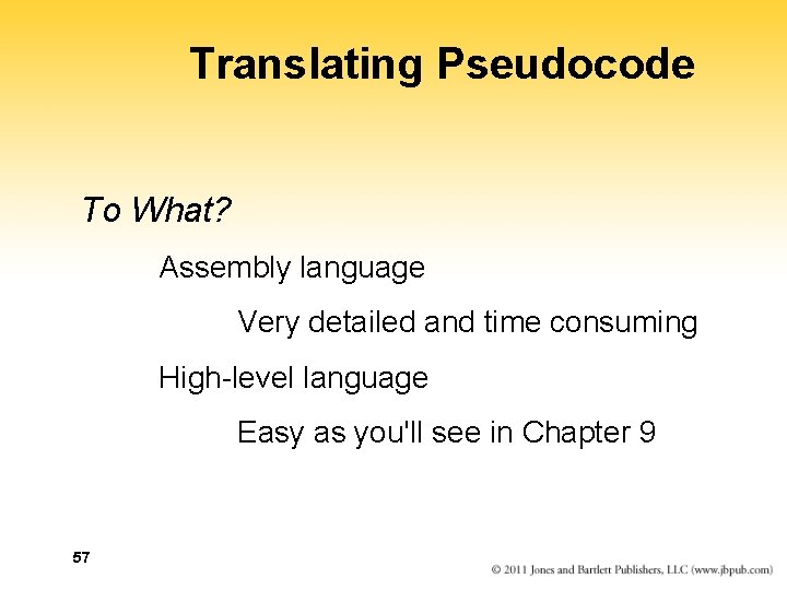 Translating Pseudocode To What? Assembly language Very detailed and time consuming High-level language Easy