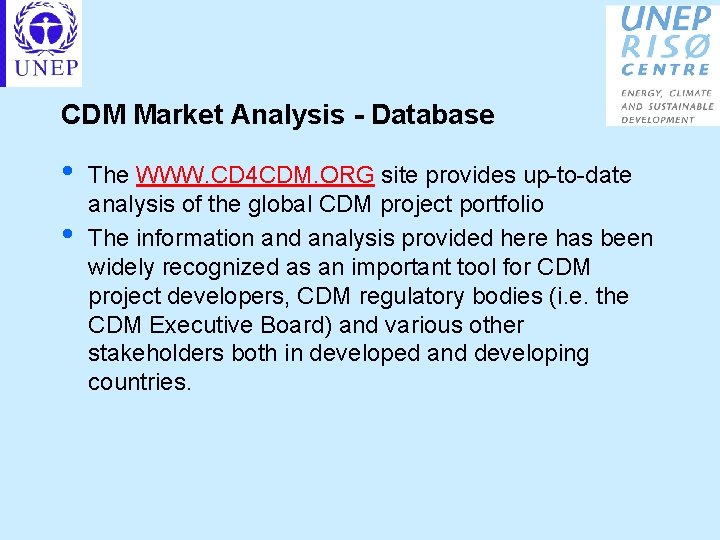 CDM Market Analysis - Database • • The WWW. CD 4 CDM. ORG site