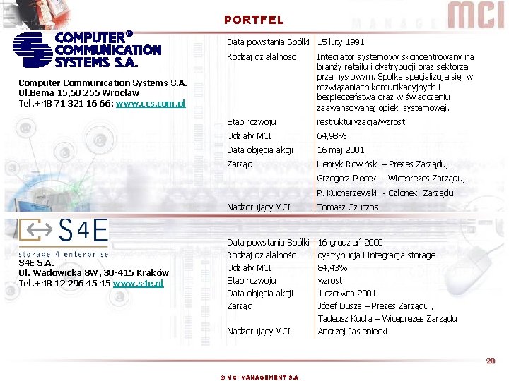 PORTFEL Data powstania Spółki 15 luty 1991 Rodzaj działalności Integrator systemowy skoncentrowany na branży