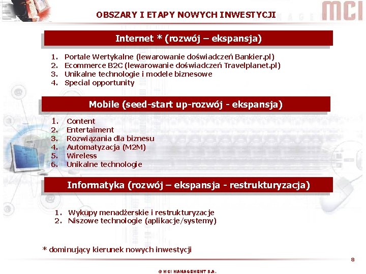 OBSZARY I ETAPY NOWYCH INWESTYCJI Internet * (rozwój – ekspansja) 1. 2. 3. 4.