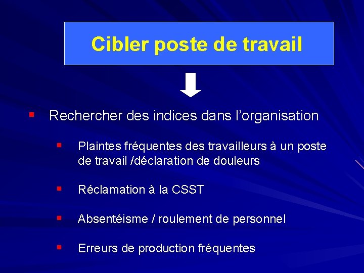 Cibler poste de travail § Recher des indices dans l’organisation § Plaintes fréquentes des