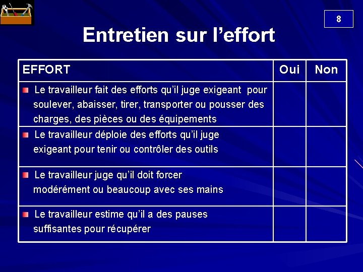 8 Entretien sur l’effort EFFORT Le travailleur fait des efforts qu’il juge exigeant pour