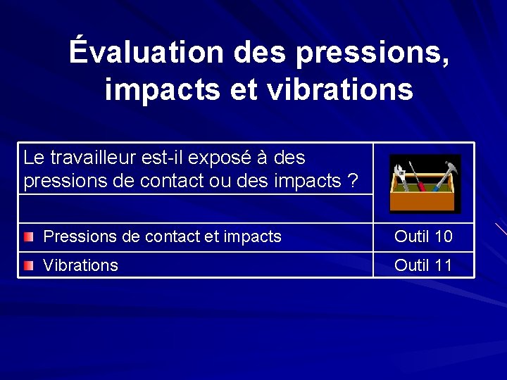 Évaluation des pressions, impacts et vibrations Le travailleur est-il exposé à des pressions de
