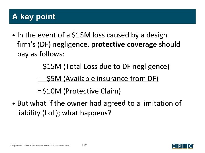 A key point • In the event of a $15 M loss caused by