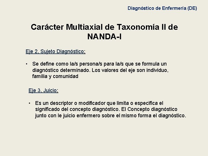 Diagnóstico de Enfermería (DE) Carácter Multiaxial de Taxonomía II de NANDA-I Eje 2, Sujeto