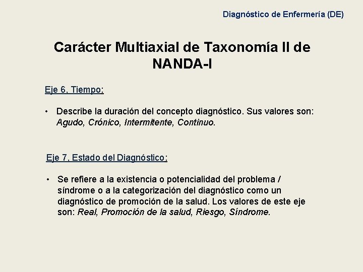 Diagnóstico de Enfermería (DE) Carácter Multiaxial de Taxonomía II de NANDA-I Eje 6, Tiempo: