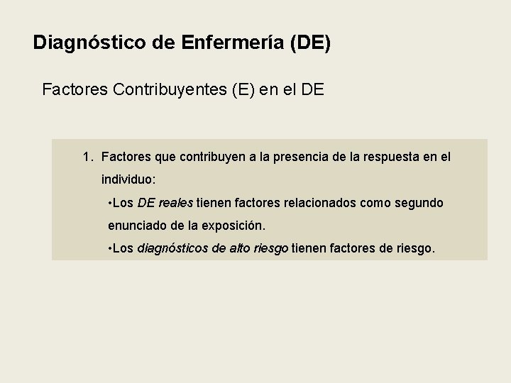 Diagnóstico de Enfermería (DE) Factores Contribuyentes (E) en el DE 1. Factores que contribuyen