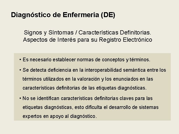 Diagnóstico de Enfermería (DE) Signos y Síntomas / Características Definitorias. Aspectos de Interés para