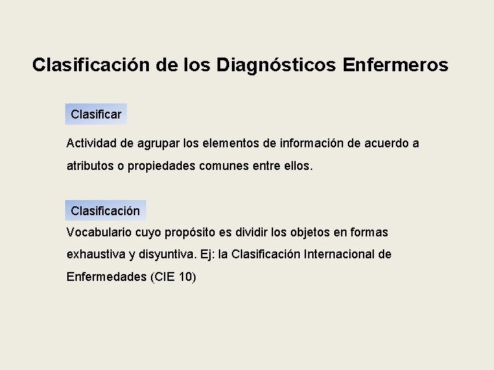 Clasificación de los Diagnósticos Enfermeros Clasificar Actividad de agrupar los elementos de información de