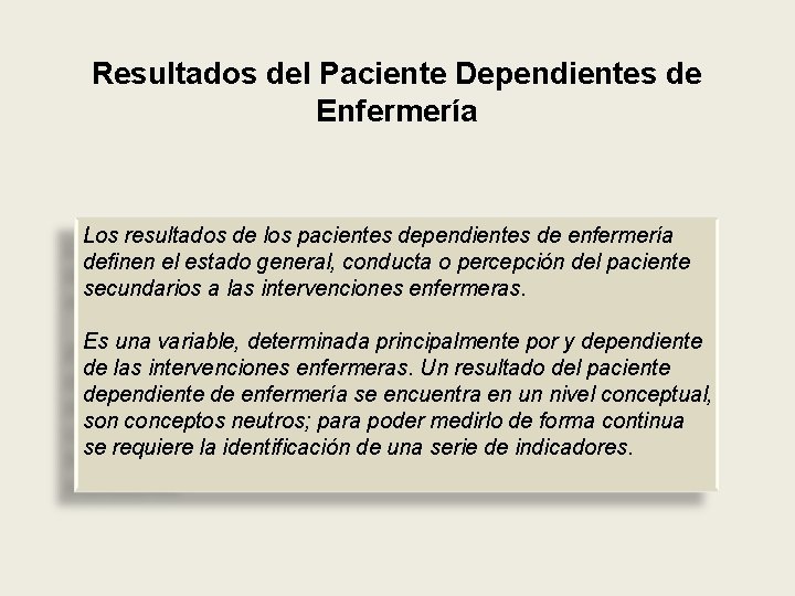 Resultados del Paciente Dependientes de Enfermería Los resultados de los pacientes dependientes de enfermería