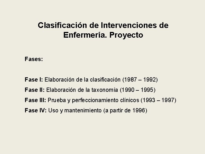 Clasificación de Intervenciones de Enfermería. Proyecto Fases: Fase I: Elaboración de la clasificación (1987