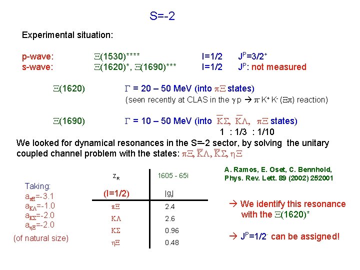 S=-2 Experimental situation: p-wave: s-wave: X(1530)**** X(1620)*, X(1690)*** I=1/2 JP=3/2+ I=1/2 JP: not measured