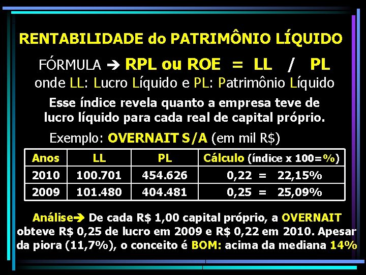 RENTABILIDADE do PATRIMÔNIO LÍQUIDO FÓRMULA RPL ou ROE = LL / PL onde LL: