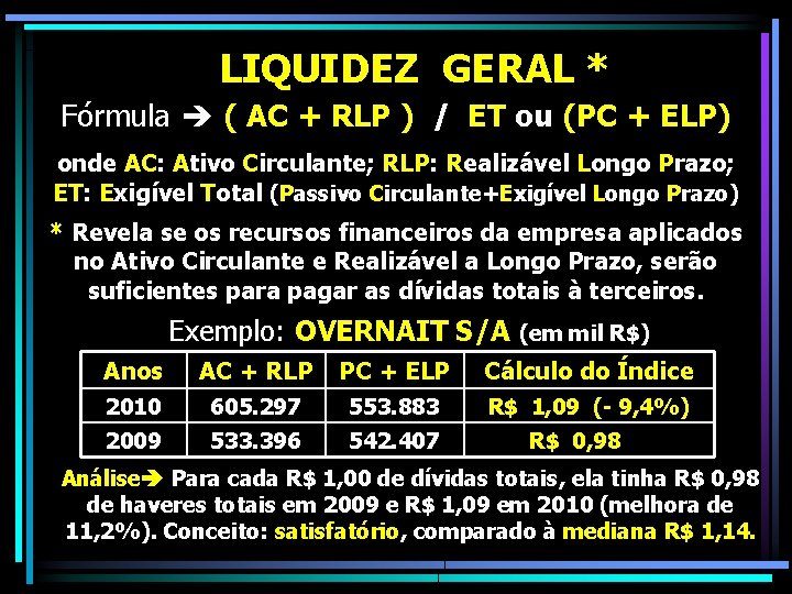 LIQUIDEZ GERAL * Fórmula ( AC + RLP ) / ET ou (PC +