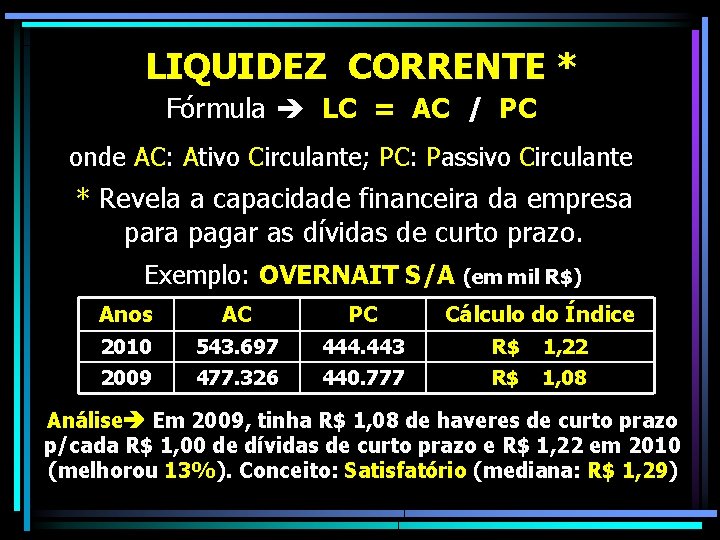 LIQUIDEZ CORRENTE * Fórmula LC = AC / PC onde AC: Ativo Circulante; PC: