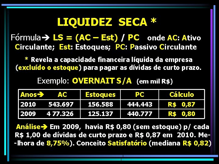 LIQUIDEZ SECA * Fórmula LS = (AC – Est) / PC onde AC: Ativo