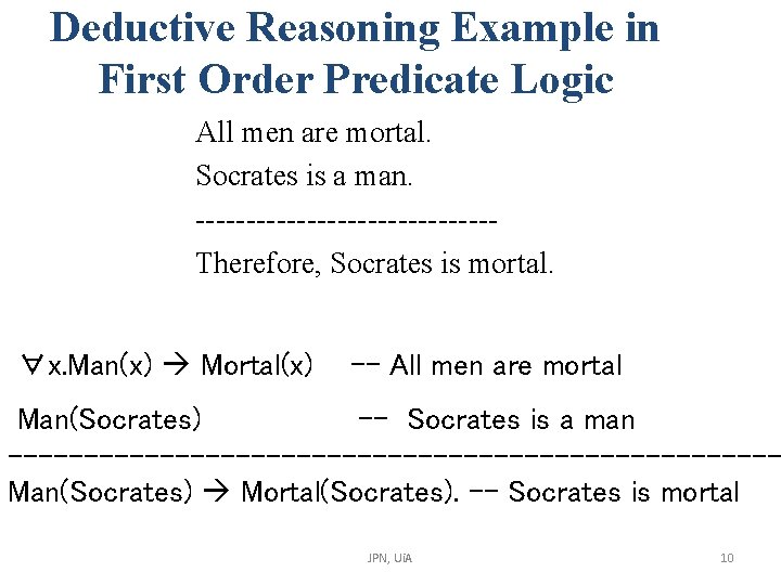 Deductive Reasoning Example in First Order Predicate Logic All men are mortal. Socrates is Deductive Reasoning Example in First Order Predicate Logic All men are mortal. Socrates is