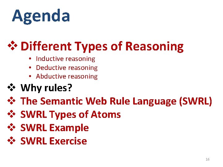Agenda v Different Types of Reasoning • Inductive reasoning • Deductive reasoning • Abductive Agenda v Different Types of Reasoning • Inductive reasoning • Deductive reasoning • Abductive