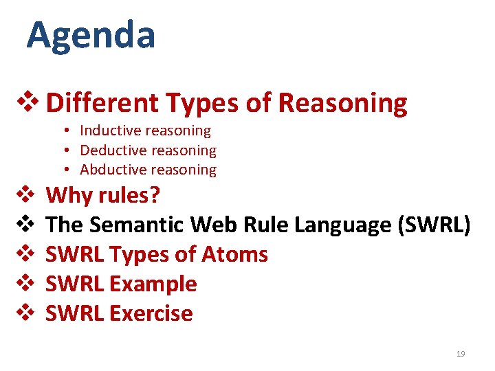 Agenda v Different Types of Reasoning • Inductive reasoning • Deductive reasoning • Abductive Agenda v Different Types of Reasoning • Inductive reasoning • Deductive reasoning • Abductive