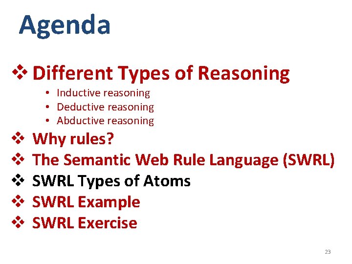 Agenda v Different Types of Reasoning • Inductive reasoning • Deductive reasoning • Abductive Agenda v Different Types of Reasoning • Inductive reasoning • Deductive reasoning • Abductive
