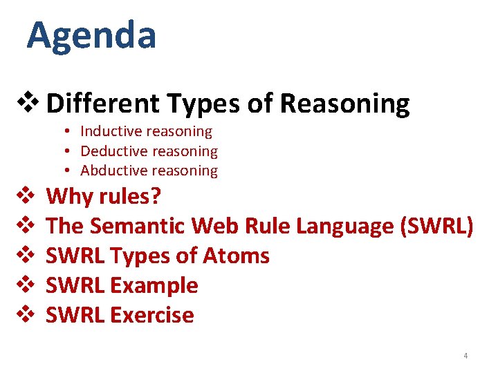 Agenda v Different Types of Reasoning • Inductive reasoning • Deductive reasoning • Abductive Agenda v Different Types of Reasoning • Inductive reasoning • Deductive reasoning • Abductive