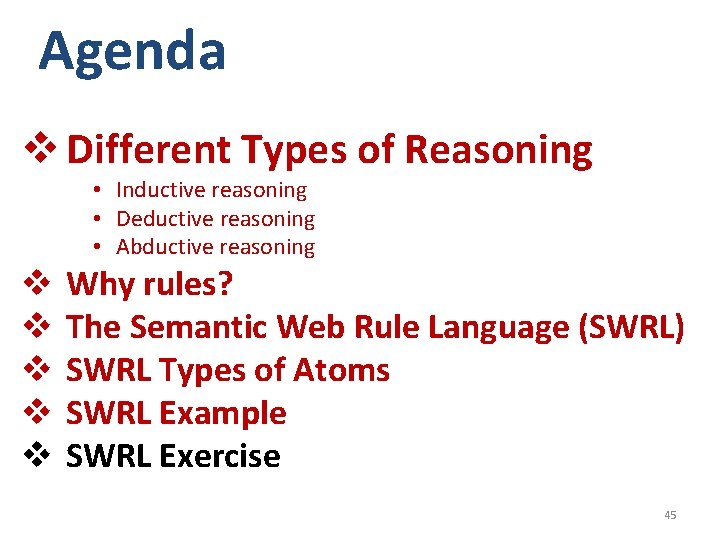 Agenda v Different Types of Reasoning • Inductive reasoning • Deductive reasoning • Abductive Agenda v Different Types of Reasoning • Inductive reasoning • Deductive reasoning • Abductive