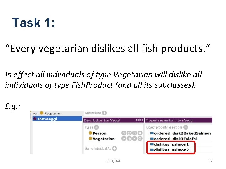 Task 1: “Every vegetarian dislikes all fish products. ” In effect all individuals of Task 1: “Every vegetarian dislikes all fish products. ” In effect all individuals of