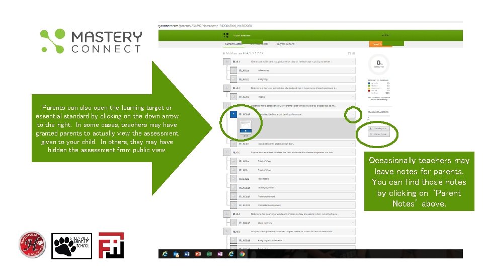 Parents can also open the learning target or essential standard by clicking on the