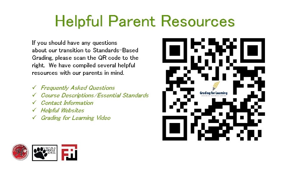 Helpful Parent Resources If you should have any questions about our transition to Standards-Based