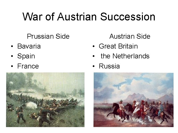 War of Austrian Succession Prussian Side • Bavaria • Spain • France Austrian Side War of Austrian Succession Prussian Side • Bavaria • Spain • France Austrian Side