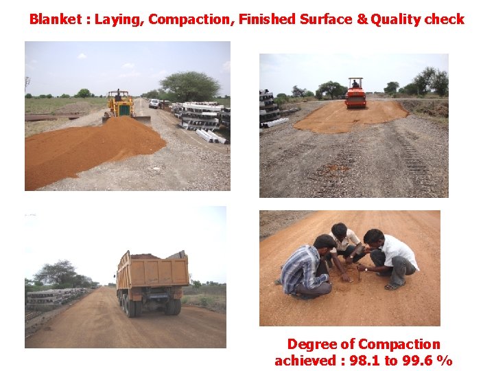 Blanket : Laying, Compaction, Finished Surface & Quality check Degree of Compaction achieved : Blanket : Laying, Compaction, Finished Surface & Quality check Degree of Compaction achieved :