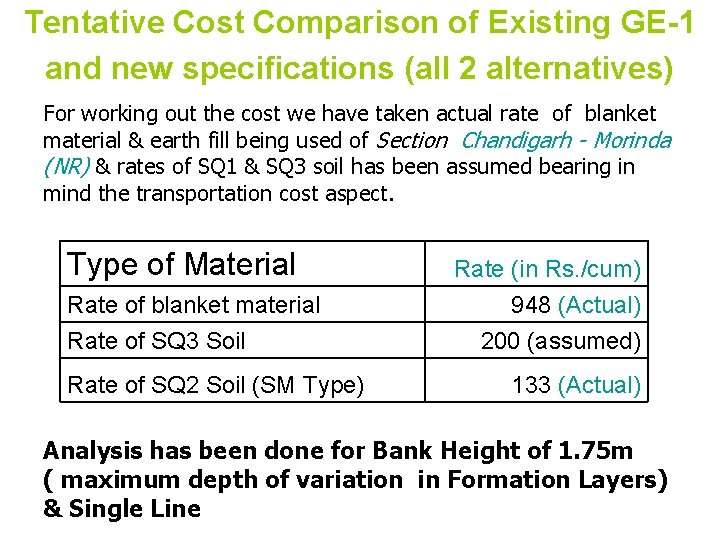 Tentative Cost Comparison of Existing GE-1 and new specifications (all 2 alternatives) For working Tentative Cost Comparison of Existing GE-1 and new specifications (all 2 alternatives) For working