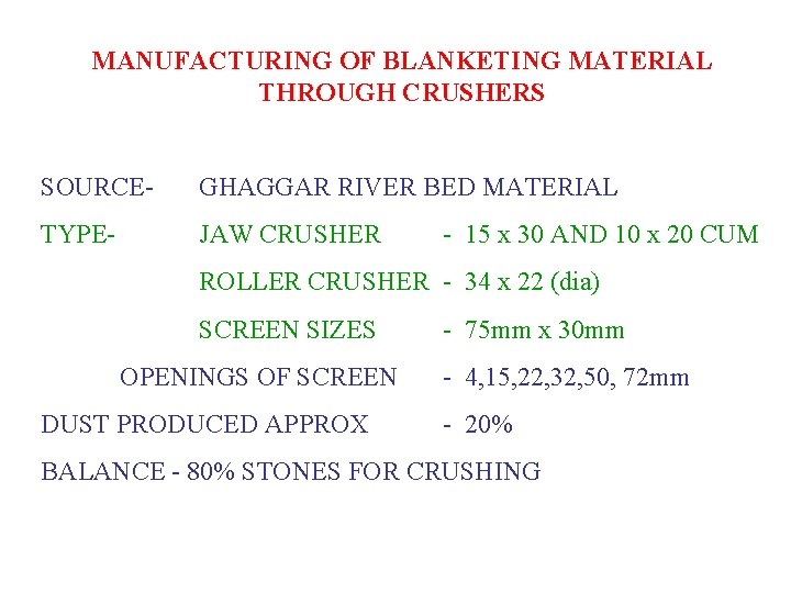 MANUFACTURING OF BLANKETING MATERIAL THROUGH CRUSHERS SOURCE- GHAGGAR RIVER BED MATERIAL TYPE- JAW CRUSHER MANUFACTURING OF BLANKETING MATERIAL THROUGH CRUSHERS SOURCE- GHAGGAR RIVER BED MATERIAL TYPE- JAW CRUSHER