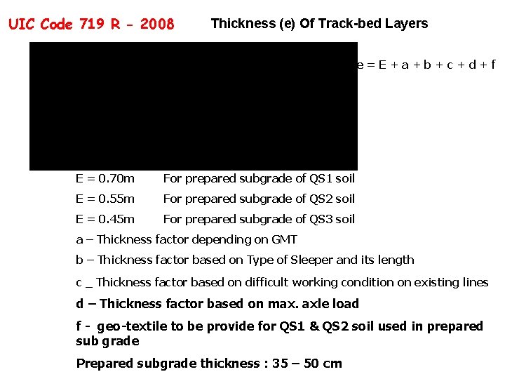 UIC Code 719 R - 2008 Thickness (e) Of Track-bed Layers e=E+a+b+c+d+f E = UIC Code 719 R - 2008 Thickness (e) Of Track-bed Layers e=E+a+b+c+d+f E =
