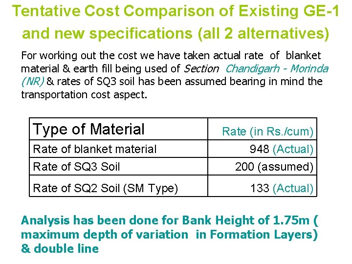 Tentative Cost Comparison of Existing GE-1 and new specifications (all 2 alternatives) For working Tentative Cost Comparison of Existing GE-1 and new specifications (all 2 alternatives) For working