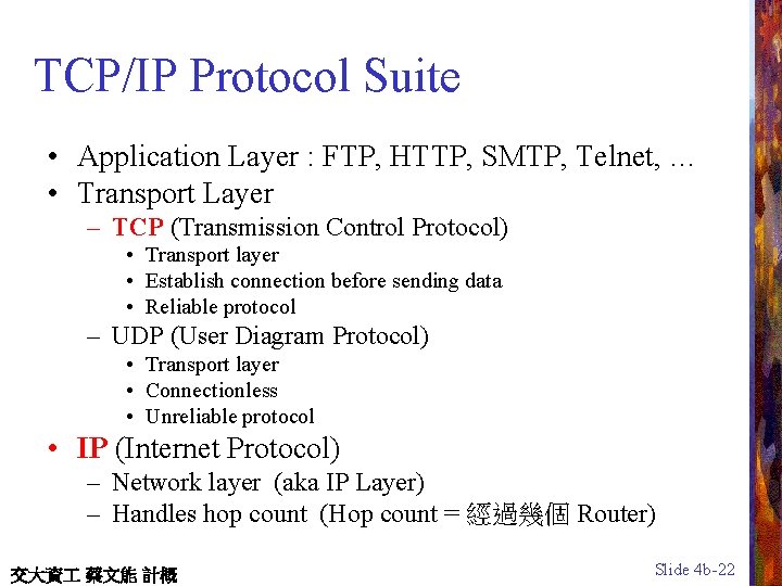 TCP/IP Protocol Suite • Application Layer : FTP, HTTP, SMTP, Telnet, … • Transport