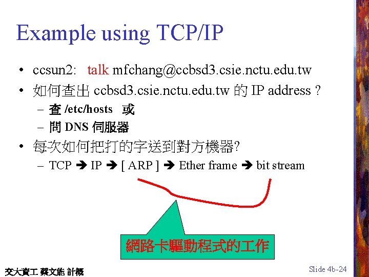 Example using TCP/IP • ccsun 2: talk mfchang@ccbsd 3. csie. nctu. edu. tw •