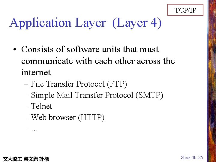 TCP/IP Application Layer (Layer 4) • Consists of software units that must communicate with