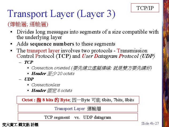 Transport Layer (Layer 3) TCP/IP (傳輸層; 運輸層) • Divides long messages into segments of