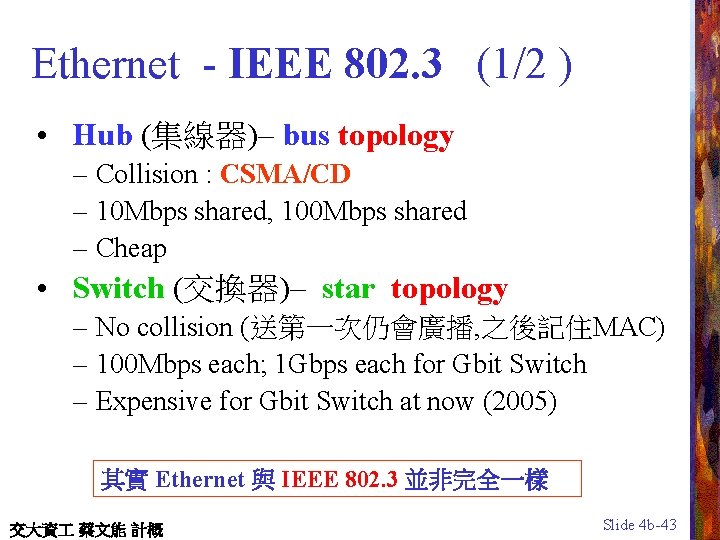 Ethernet - IEEE 802. 3 (1/2 ) • Hub (集線器)– bus topology – Collision