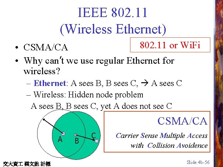 IEEE 802. 11 (Wireless Ethernet) 802. 11 or Wi. Fi • CSMA/CA • Why
