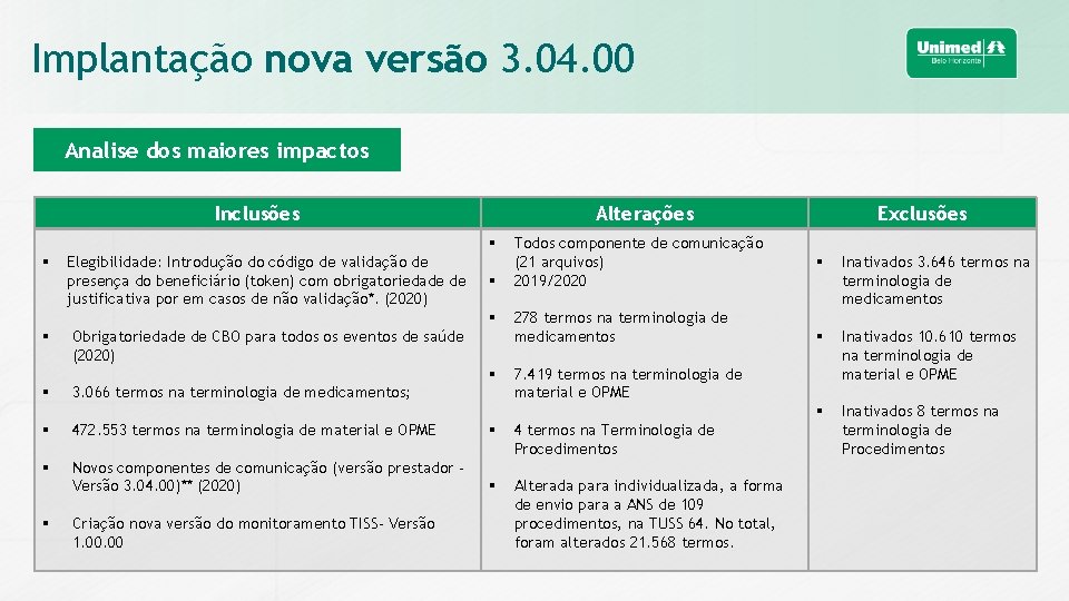 Implantação nova versão 3. 04. 00 Analise dos maiores impactos Inclusões Alterações § §