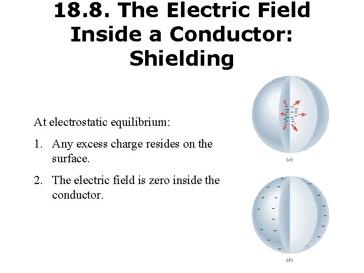 18. 8. The Electric Field Inside a Conductor: Shielding At electrostatic equilibrium: 1. Any