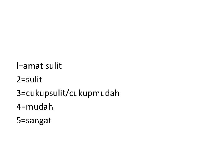 l=amat sulit 2=sulit 3=cukupsulit/cukupmudah 4=mudah 5=sangat 