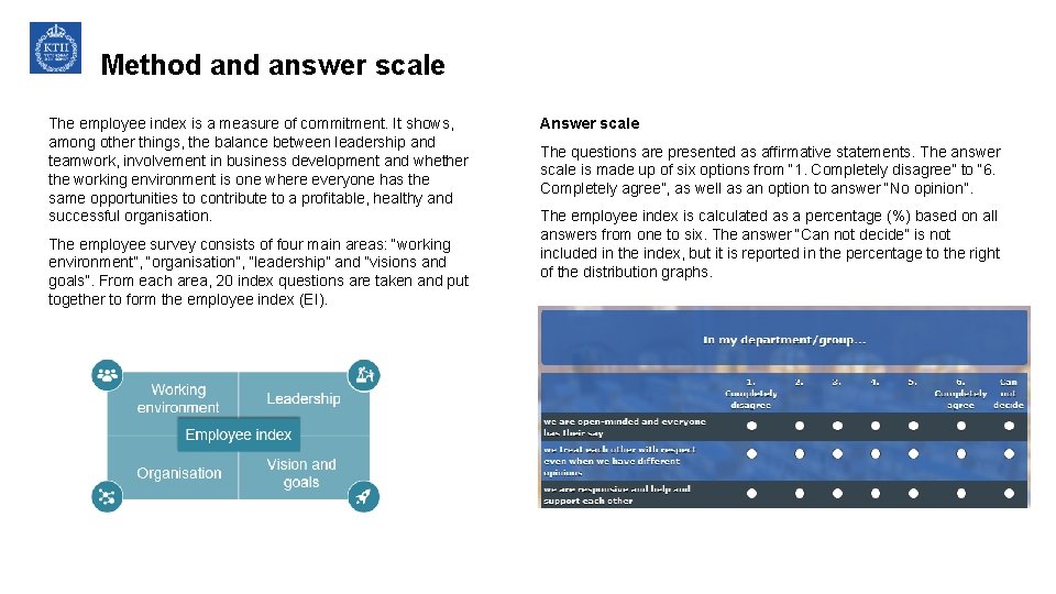 Method answer scale The employee index is a measure of commitment. It shows, among