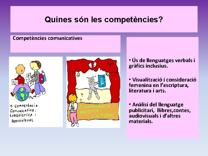 Quines són les competències? Competències comunicatives • Ús de llenguatges verbals i gràfics inclusius.