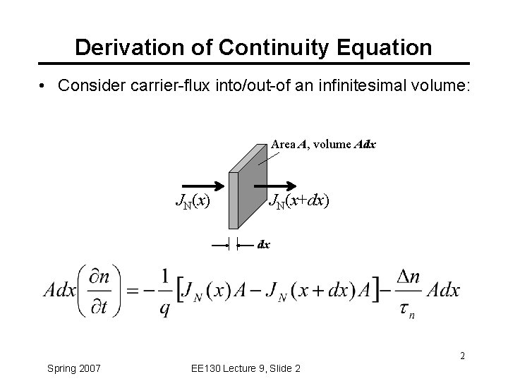Derivation of Continuity Equation • Consider carrier-flux into/out-of an infinitesimal volume: Area A, volume