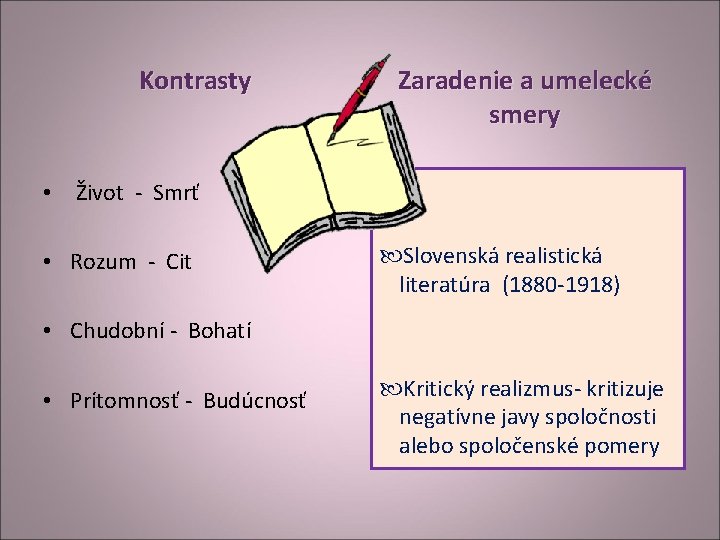 Kontrasty Zaradenie a umelecké smery • Život - Smrť • Rozum - Cit Slovenská