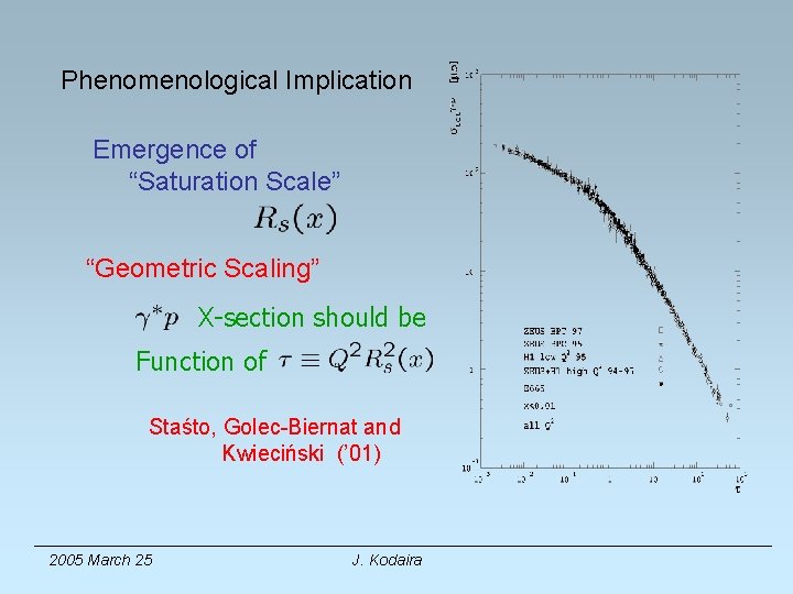 Phenomenological Implication Emergence of “Saturation Scale” “Geometric Scaling” X-section should be Function of Staśto,