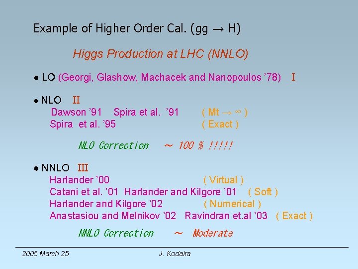 Example of Higher Order Cal. (gg → H) Higgs Production at LHC (NNLO) ●